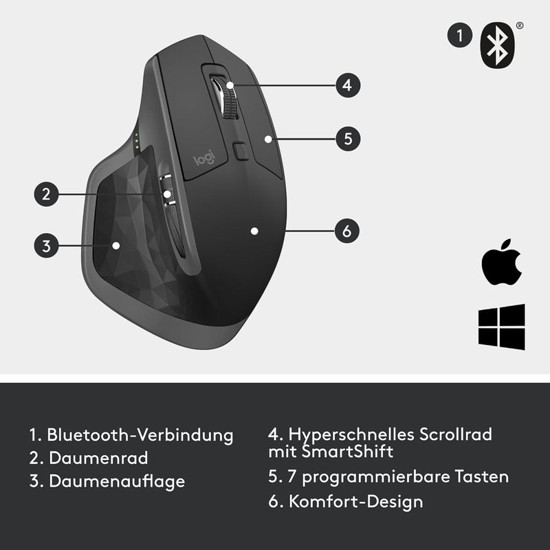 Logitech MX Master 2S, Kabellose Maus, Bluetooth, 4000 DPI Graphit/Schwarz