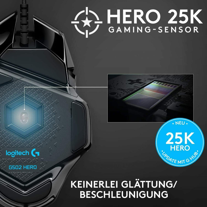 Logitech G502 HERO High-Performance Gaming Maus 16000 DPI, 11 progr. Tasten. NV2