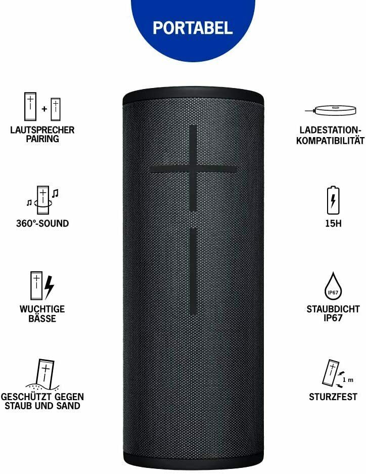 Logitech UE Boom 3 Tragbarer Bluetooth-Lautsprecher, Wasserdicht, night black
