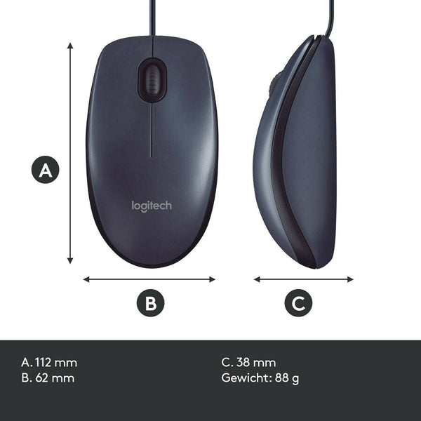 Logitech M100 Kabelgebundene Maus, 1000 DPI Sensor, USB-Anschluss, 3 Tasten grau
