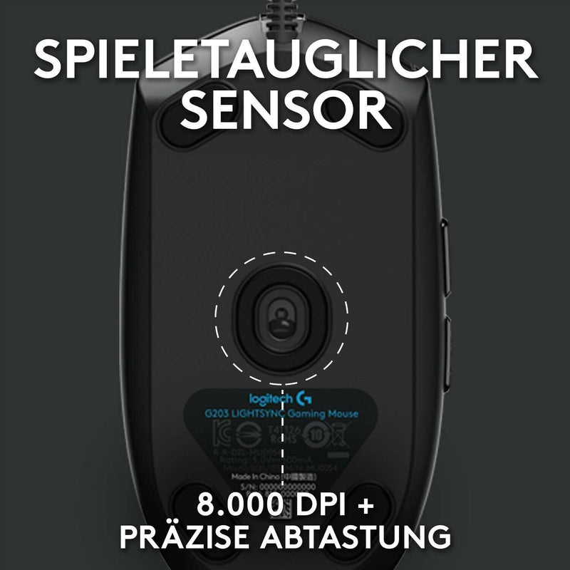 Logitech G203 Gaming-Maus, RGB, 6 progr. Tasten, 8.000 DPI, schwarz